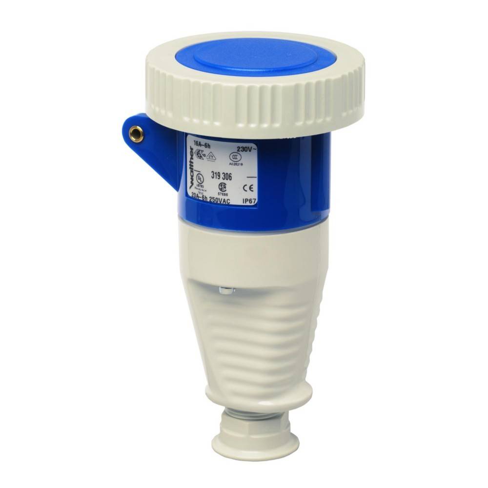 Industrieller Stecker mit blau-weißem Gehäuse, gekennzeichnet mit Spezifikationen wie ‚230V', der elektrische Verwendung und Kompatibilität anzeigt.