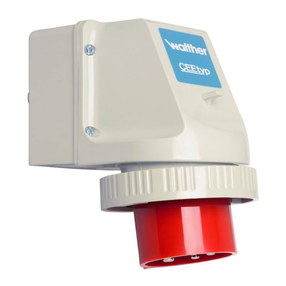 Ein weißer und roter industrieller Stromstecker mit der Beschriftung ‚CEEtyp Walther' auf dem Gehäuse, konzipiert für elektrische Verbindungen.