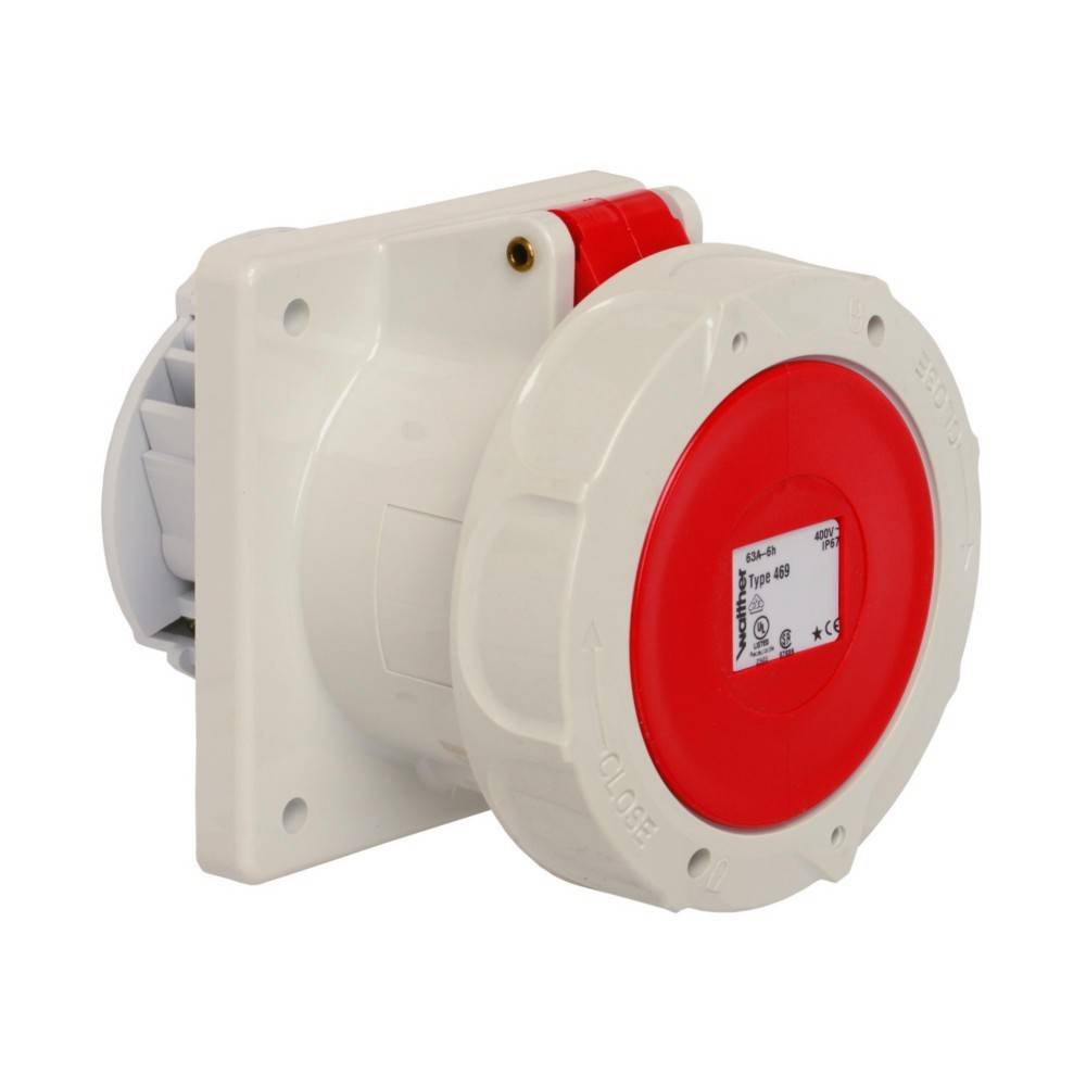 Eine rote und weiße industrielle Elektro-Steckdose, die an einer Wand montiert ist. Die Steckdose ist kreisförmig mit Beschriftungsdetails, die auf der Vorderseite sichtbar sind.