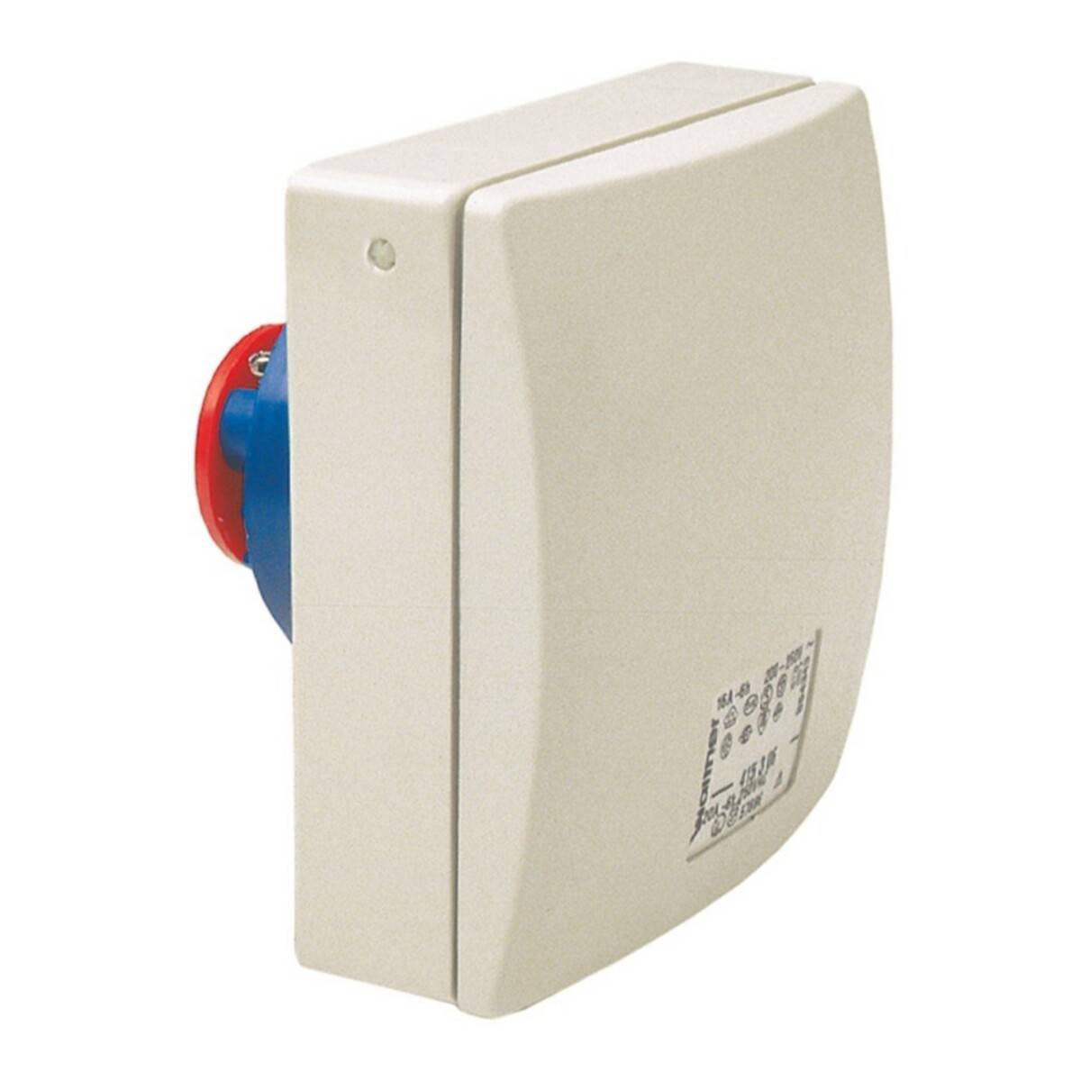 Eine weiße elektrische Verteilerdose mit einer blauen und roten Steckdose an der Seite, an einer weißen Oberfläche befestigt.