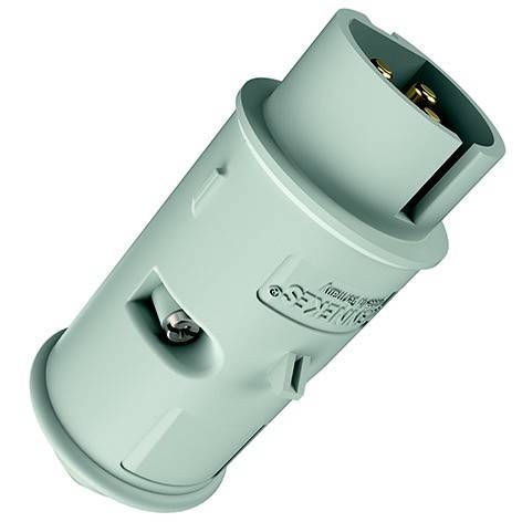 Mint-grüner Elektrostecker mit zylindrischem Gehäuse und freiliegenden Metallkontakten, dargestellt auf weißem Hintergrund.
