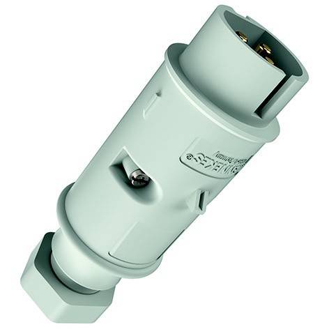Nahaufnahme eines grünen industriellen elektrischen Stecker-Steckers mit Verriegelungskappe, gezeigt auf weißem Hintergrund.
