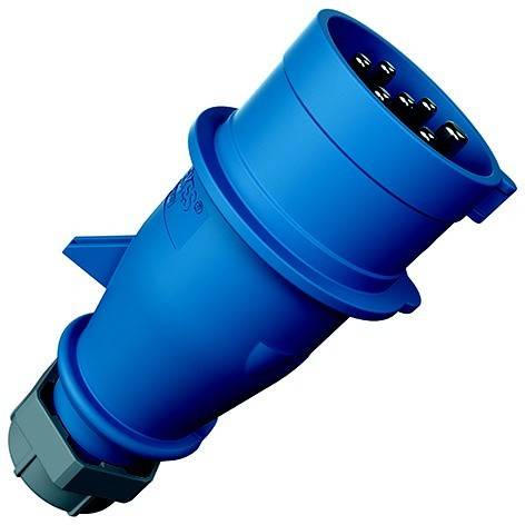 Blauer industrieller Elektrostecker-Adapter mit mehreren Metallstiften und einer grauen Steckverbinderbasis, gezeigt auf weißem Hintergrund.