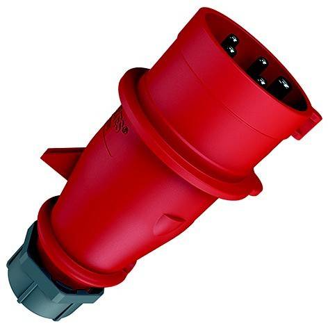 Roter industrieller Stecker mit schwarzen Stiften und grauer Basis, gezeigt auf weißem Hintergrund.