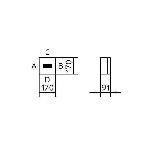 Technisches Diagramm mit Abmessungen: 170 mm Länge, 70 mm Breite, 91 mm Höhe. Gekennzeichnete Abschnitte A, B, C, D.