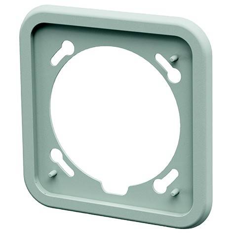 Mintgrünes quadratisches Montageelement mit großer kreisförmiger Mittelöffnung und vier Eckzungen, dargestellt auf weißem Hintergrund.