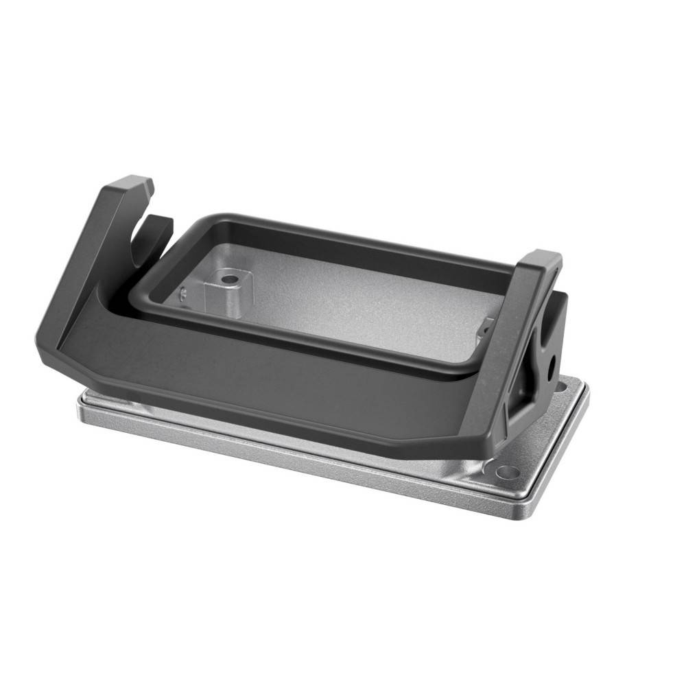 Ein rechteckiger Geräteständer mit abgewinkelten Stützen und einer Metallbasis, der darauf ausgelegt ist, Elektronikgeräte sicher zu halten und zu präsentieren.