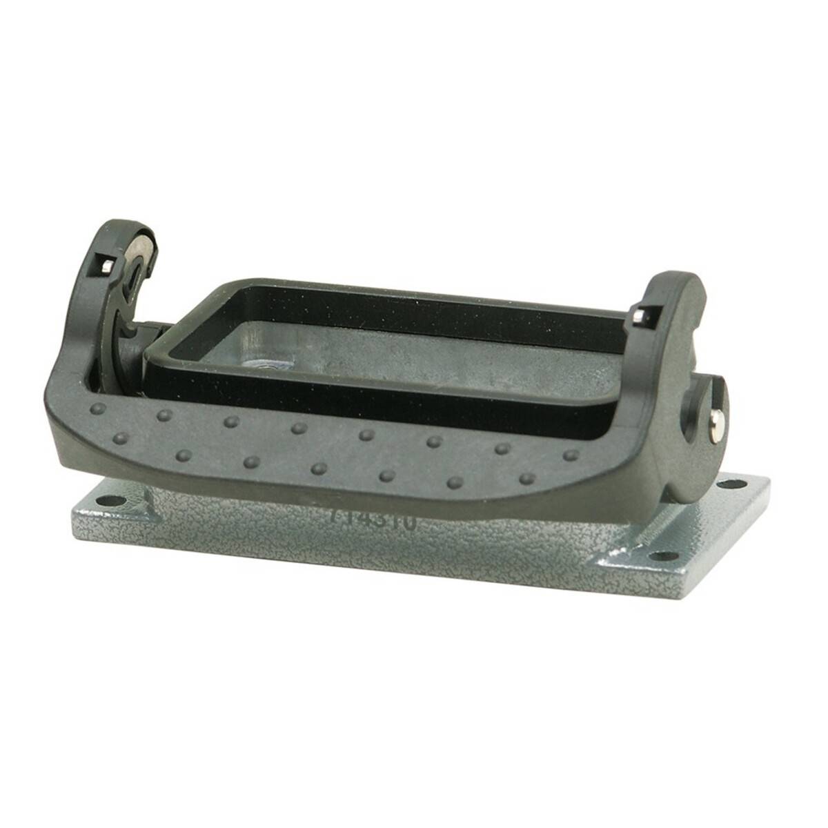 Ein grauer, rechteckiger Metallpedal mit strukturierter Oberfläche und zwei Endhalterungen, montiert auf einer flachen Basis, wahrscheinlich für industrielle Maschinen verwendet.