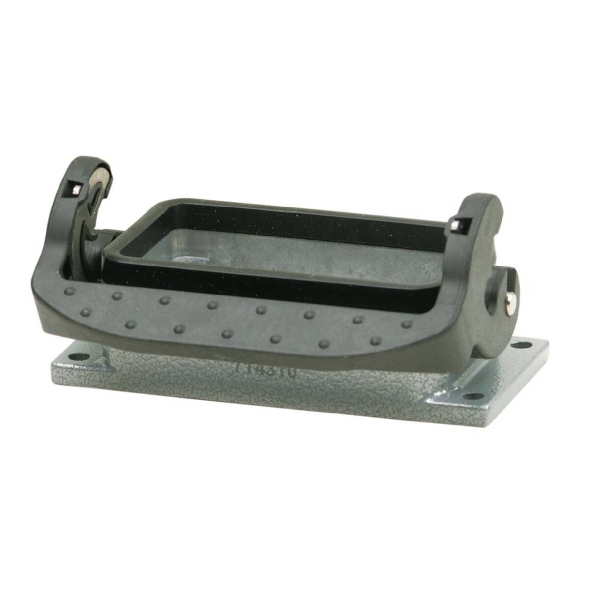 Ein Winkelmessgerät aus Metall auf einer Basis, das zum Halten und Positionieren von Materialien in präzisen Winkeln während des Baus oder der Herstellung verwendet wird.