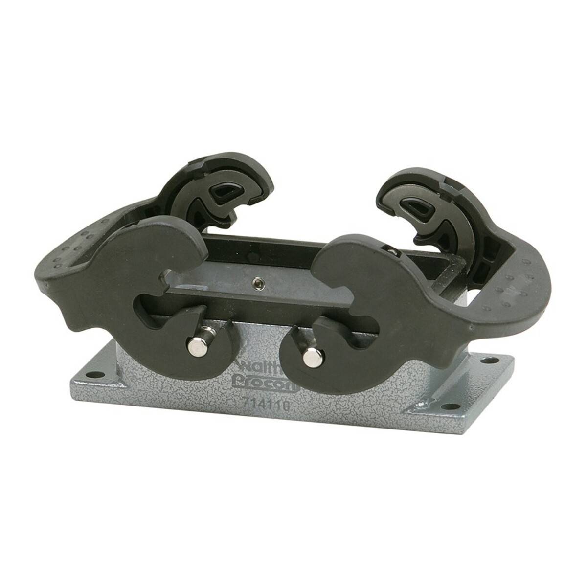 Klemmhalter zur Befestigung von Gegenständen, mit einer Metallbasis und zwei schwarzen verstellbaren Klammern.