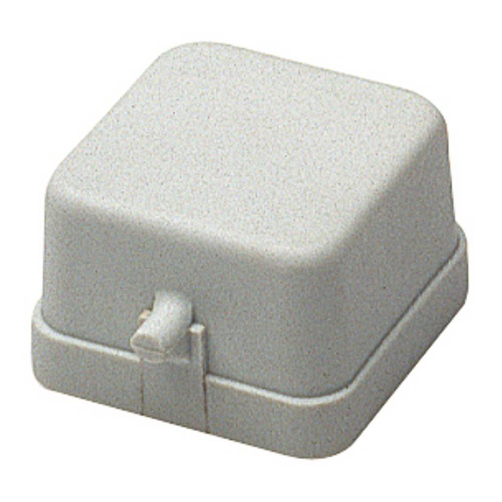 Eine kleine, quadratische, hellgraue Kunststoffgehäuse mit abgerundeter Oberseite und einem kleinen Vorsprung, möglicherweise als Abdeckung für elektronische oder Versorgungsgeräte verwendet.