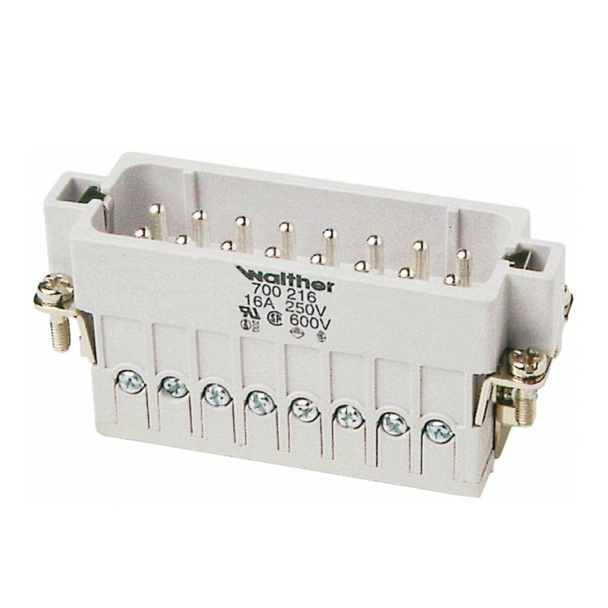 Ein rechteckiger elektrischer Stecker mit mehreren Pins und Schraubterminals, beschriftet mit „Walther 700 216
