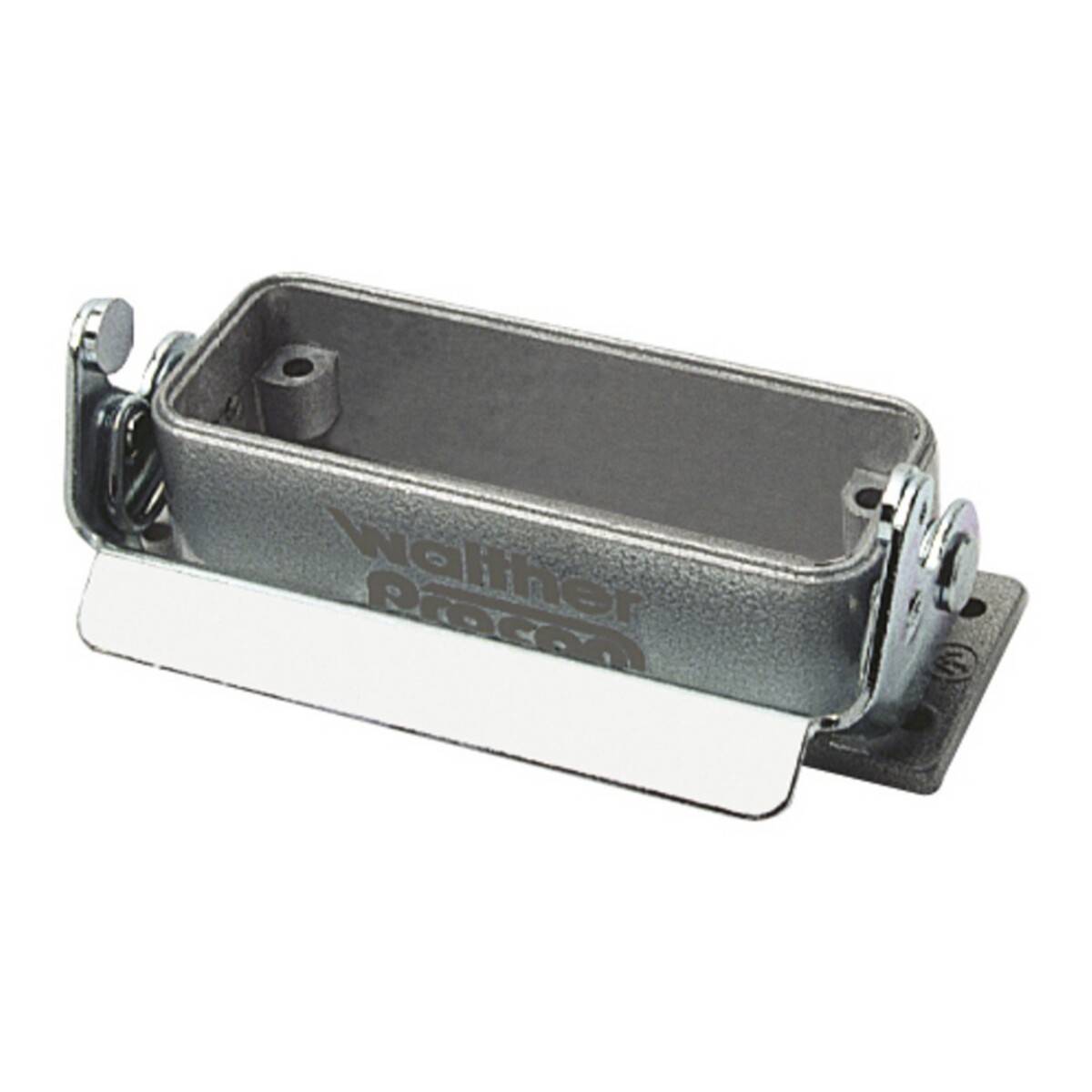 Eine rechteckige Metallhalterung oder Klemme mit einem Scharnierungsmechanismus, höchstwahrscheinlich verwendet für das Befestigen oder Montieren von elektronischen Komponenten oder Hardware.