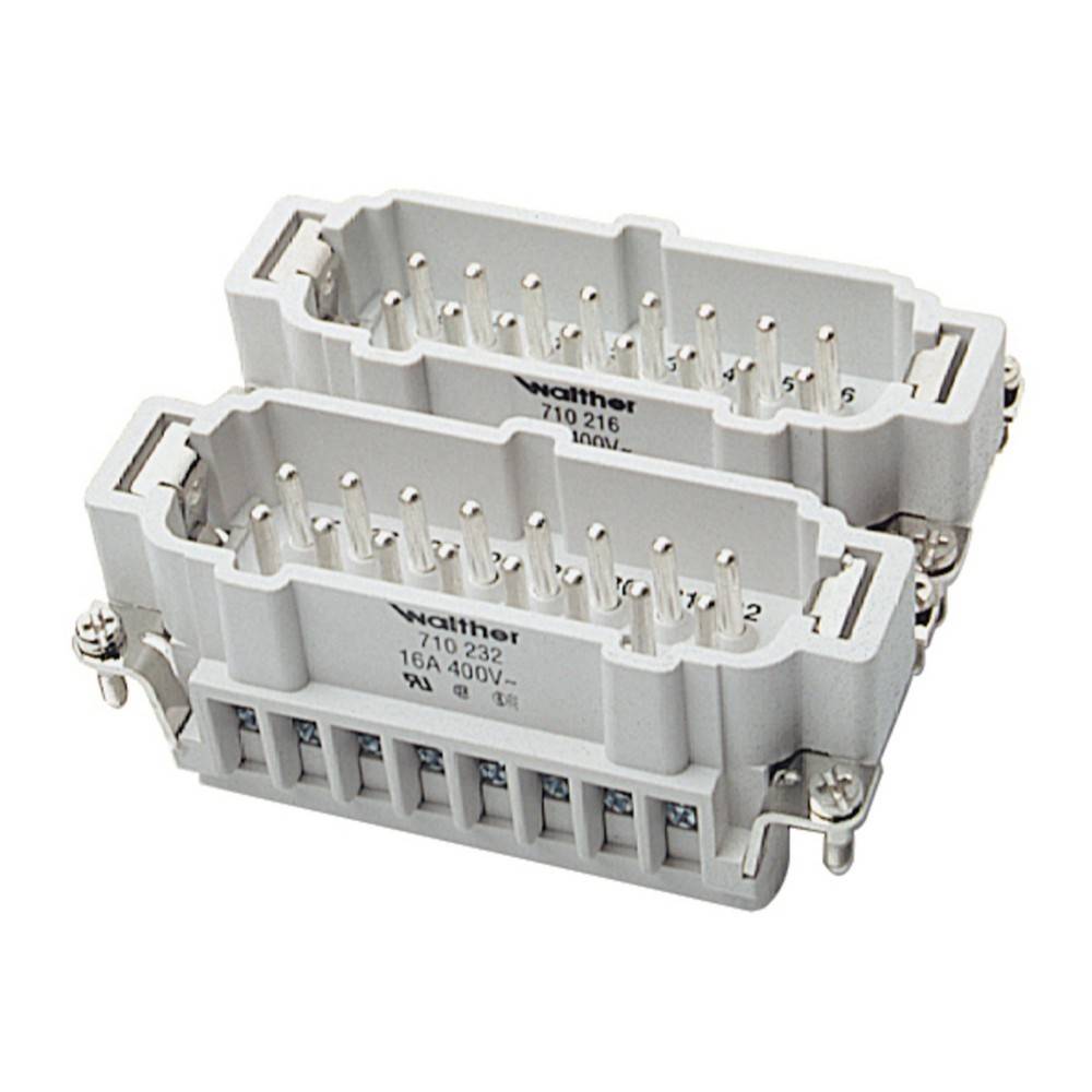 Elektrischer Steckverbinder mit mehreren Pins, beschriftet mit 'Walther 710 232' und '16A 400V', der eine Nahaufnahme der Anschlussports zeigt.