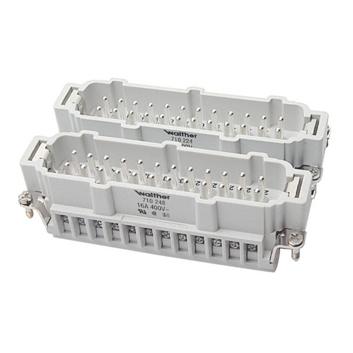 Zwei Walther-Elektroverbinder, einer gekennzeichnet mit 10 248V und der andere mit 10 24V, beide mit mehreren Steckplätzen für Kabelanschlüsse.