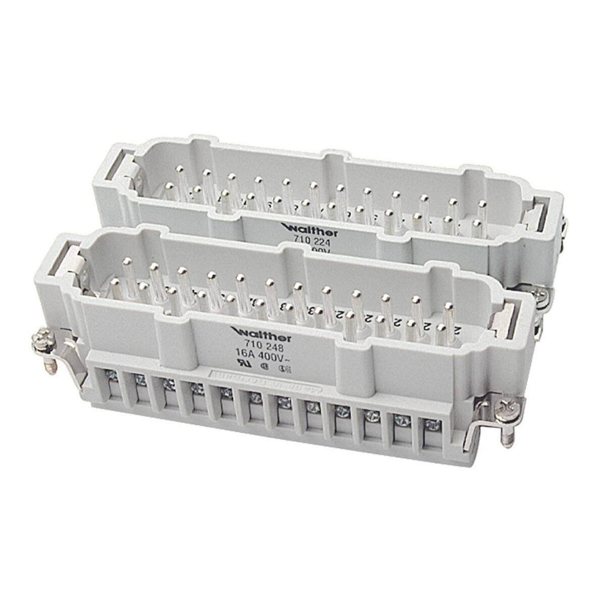Ein rechteckiger elektrischer Steckverbinder mit mehreren Löchern, gekennzeichnet mit ‚Walther 710 24B 16A 400V', der für industrielle Anwendungen verwendet wird.
