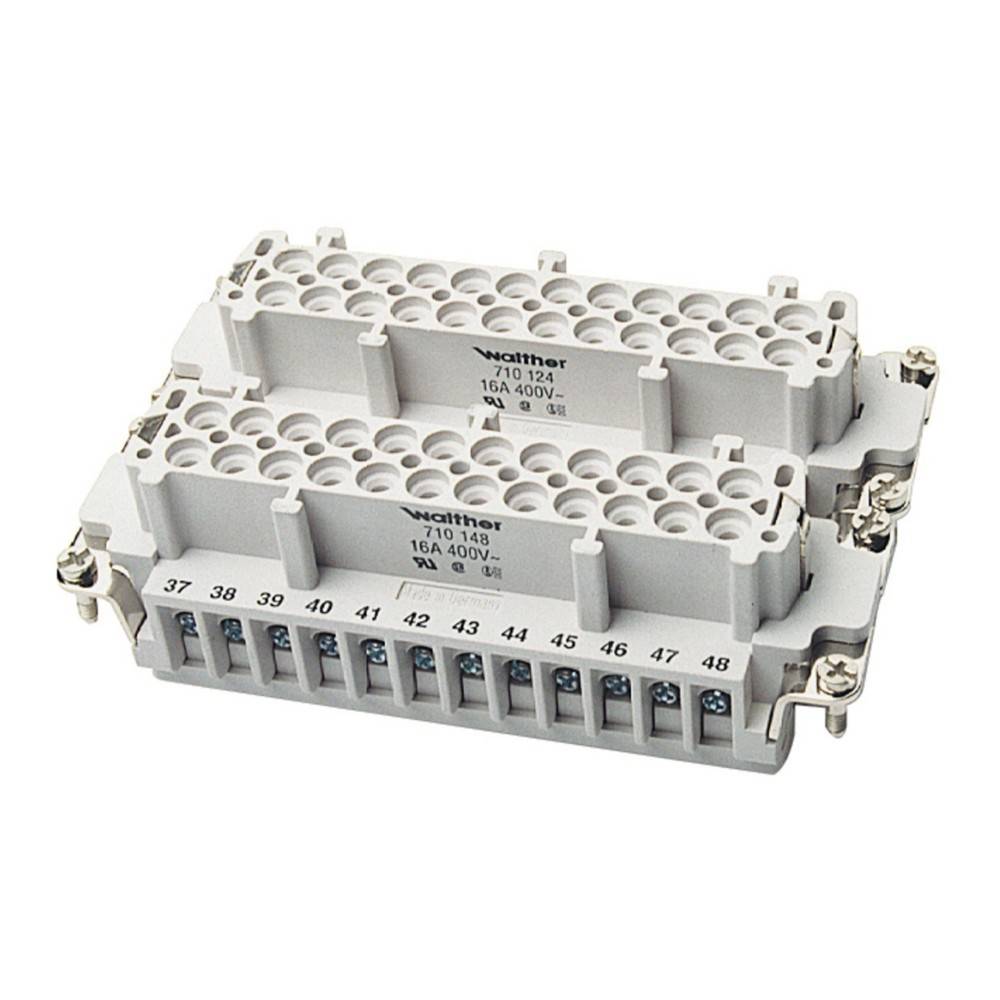 Elektrische Klemmleiste mit mehreren Anschlusspunkten, beschriftet mit Spannungs- und Stromstärkeangaben: '16A 400V', mit sichtbaren Drahteinführungsschlitzen.