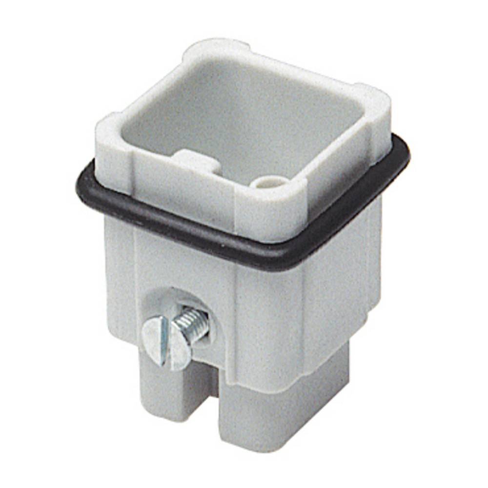 Ein weißer elektrischer Verteilerdosenverbinder mit einer Schraube in der Mitte und einem schwarzen Gummidichtungsring an der oberen Kante.
