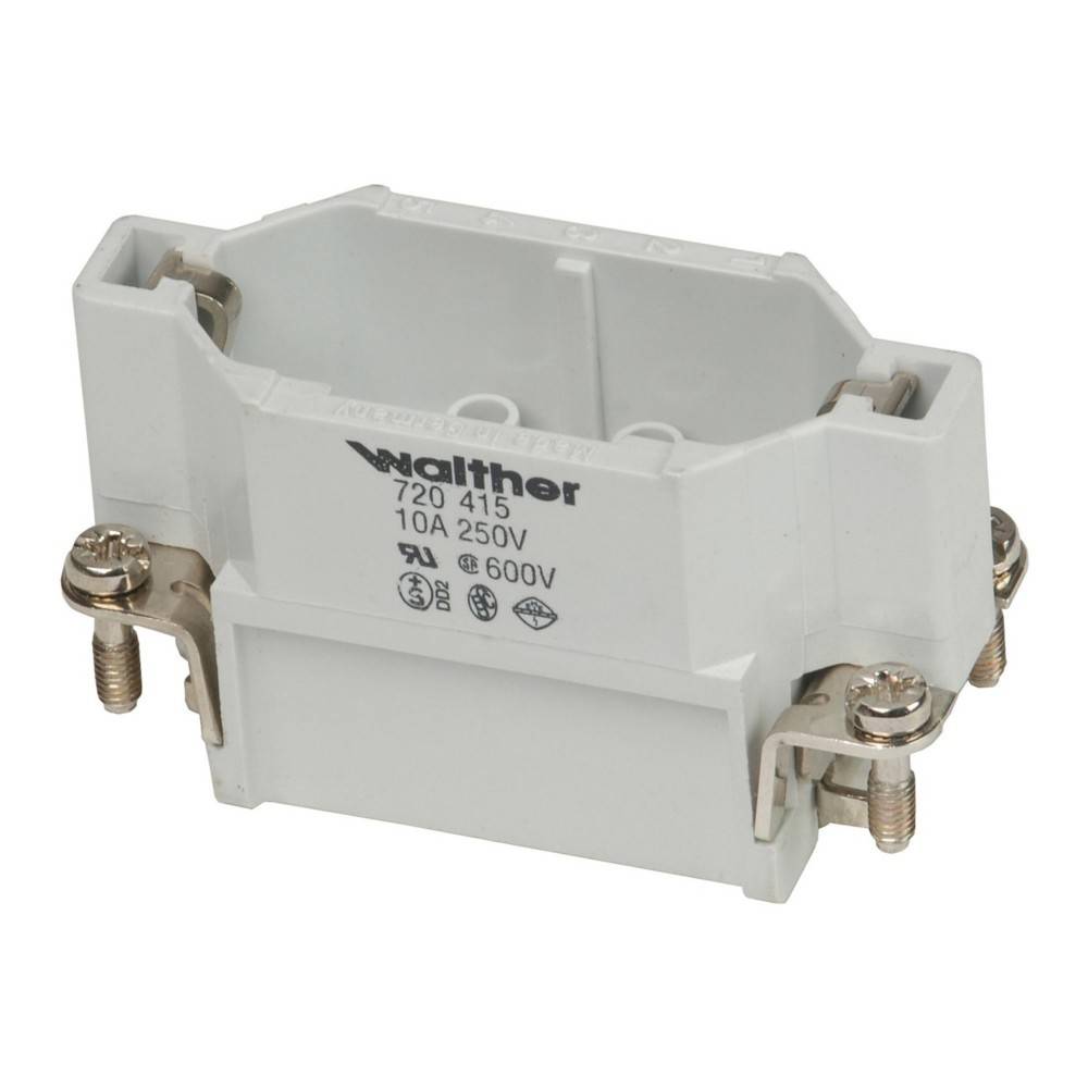 Ein weißer Walther elektrischer Verbinder mit der Bewertung 720415, 10A, 250V mit Schraubklemmen und auf der Vorderseite gedruckten Zertifizierungen.