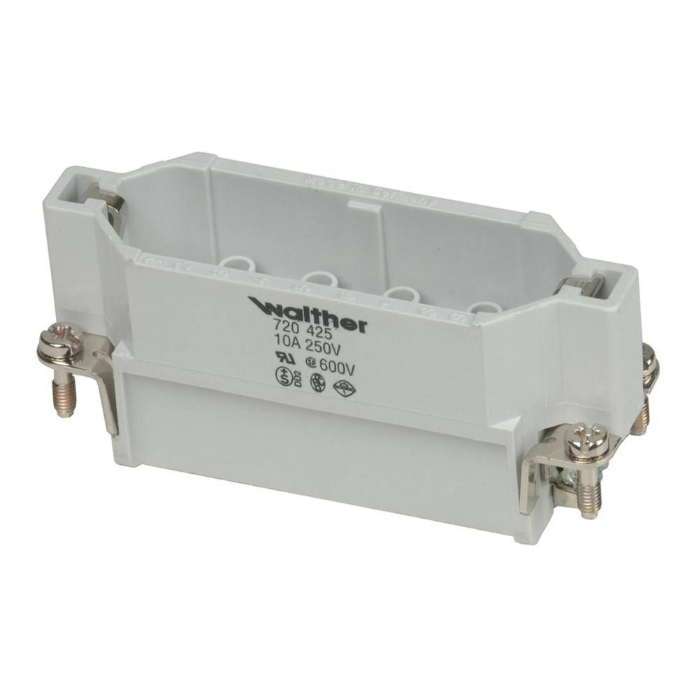 Ein weißer Walther elektrischer Anschluss, Modell 720 425, mit Spezifikationen: 10A, 250V, UL 600V, mit seitlichen Schrauben zur Befestigung.