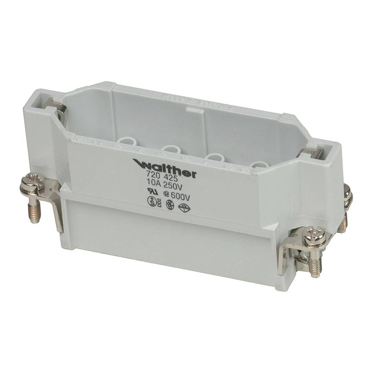 Elektrischer Verbinder, weiß, gekennzeichnet mit 'Walther 720 425 10A 250V 7A @600V'.