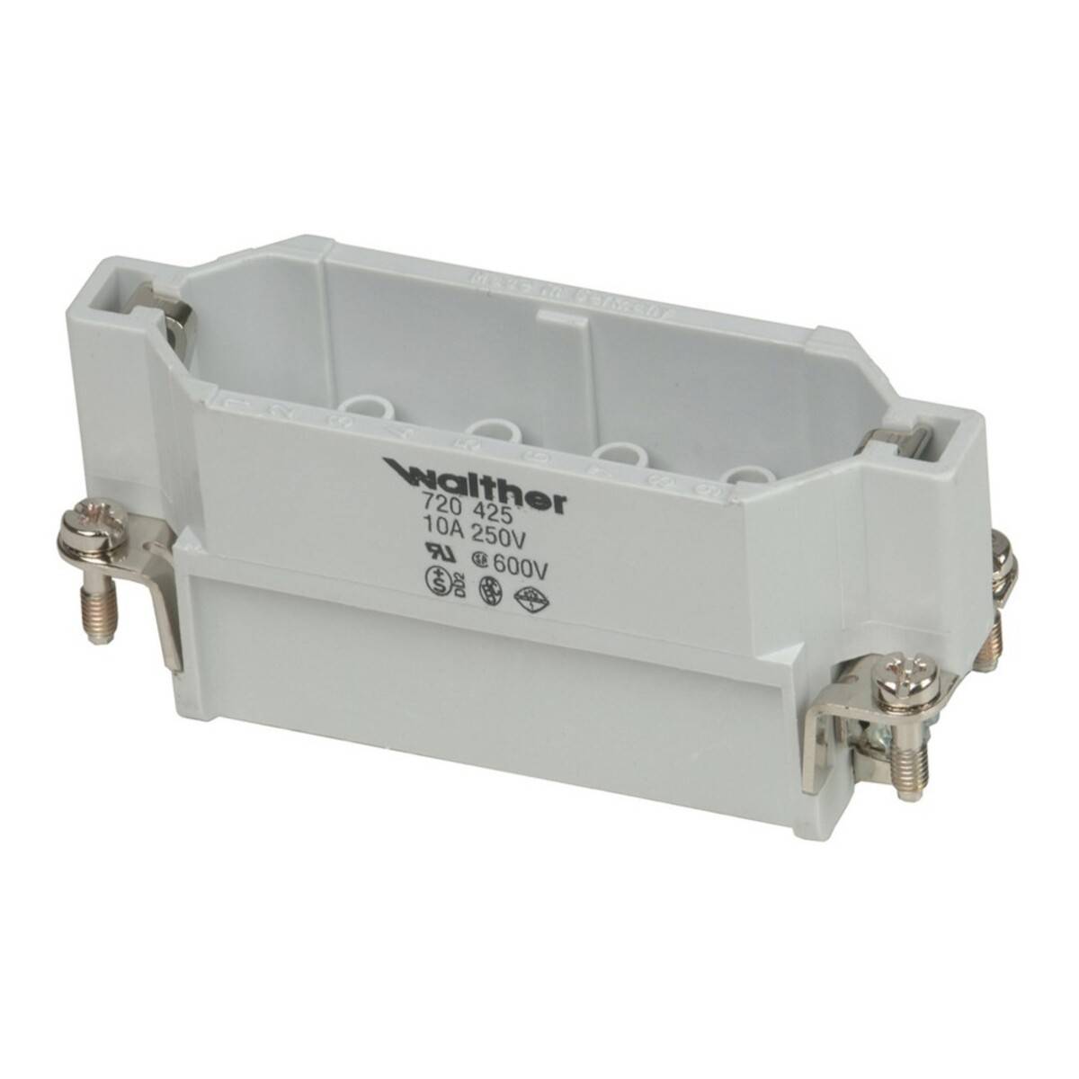 Ein elektrischer Verbinder mit der Beschriftung 'walther 720 425, 10A 250V, UL 600V' ist abgebildet, der zwei Metallfixierschrauben an jeder Seite aufweist.