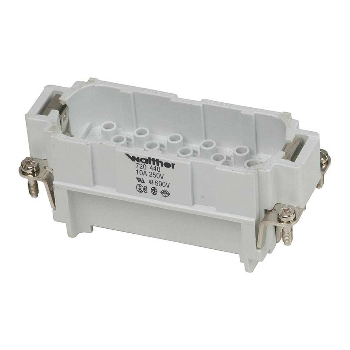 Gehäuse eines weißen elektrischen Verbindungsstücks von 'Weidmüller' mit sichtbaren Spannungs- und Stromratings an der Seite.