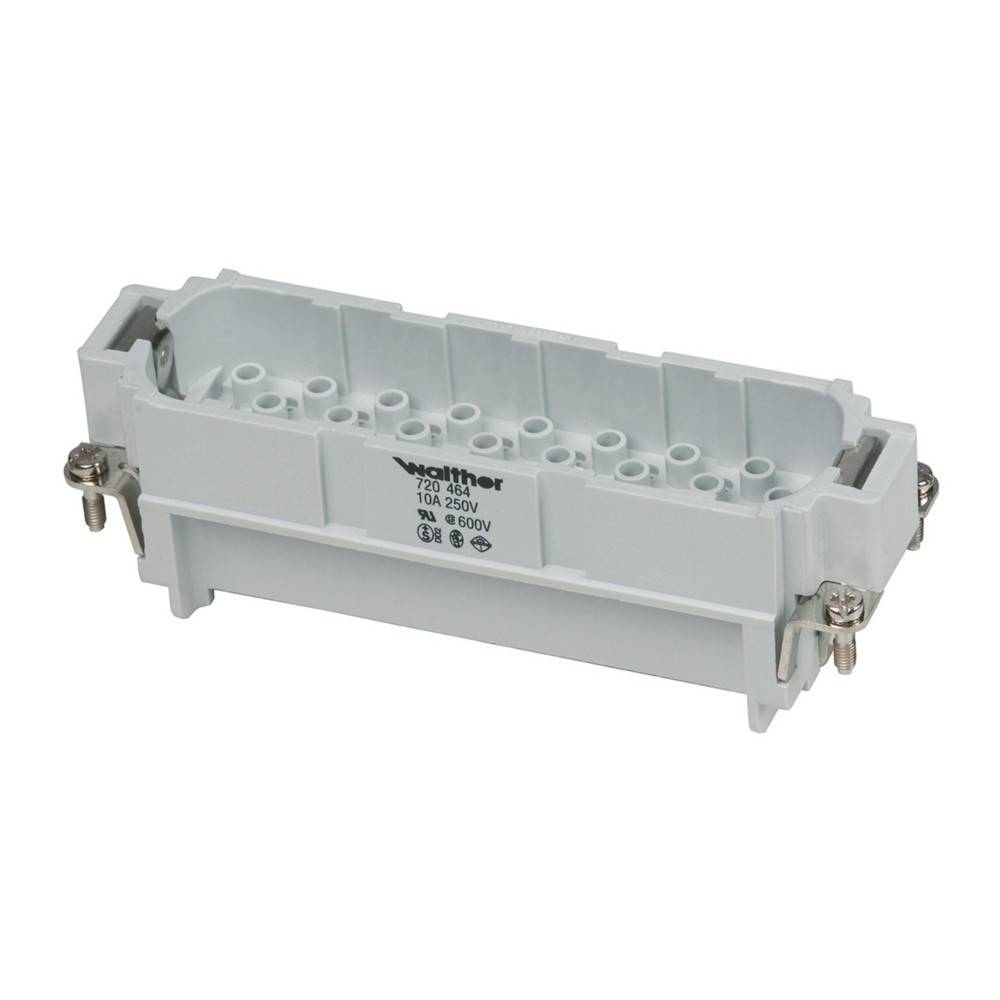 Ein weißer Wieland elektrischer Anschlussblock mit mehreren Steckplätzen und technischen Spezifikationen, einschließlich Spannungs- und Strombezeichnungen.