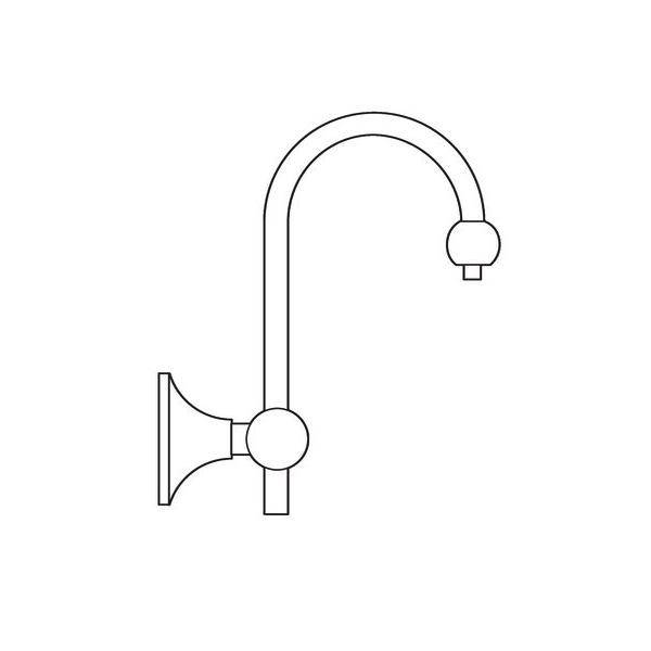 Linienzeichnung eines gekrümmten Wasserhahns mit Wandmontage.