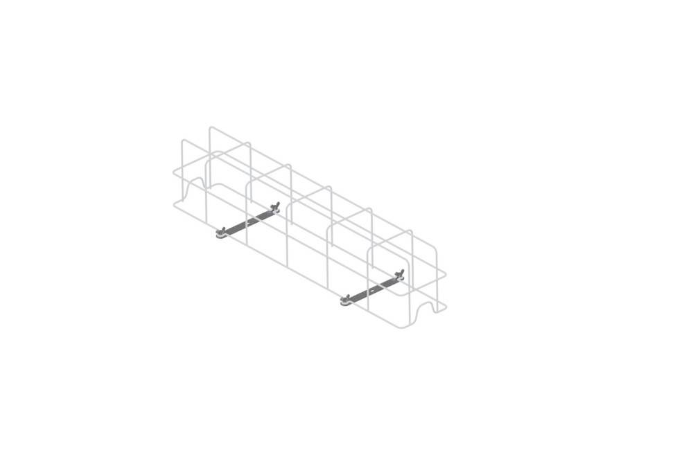 Drahtgitterdiagramm eines langen rechteckigen Behälters oder Käfigs mit zwei internen Querstreben und seitlichen Öffnungen, perspektivisch auf weißem Hintergrund dargestellt.