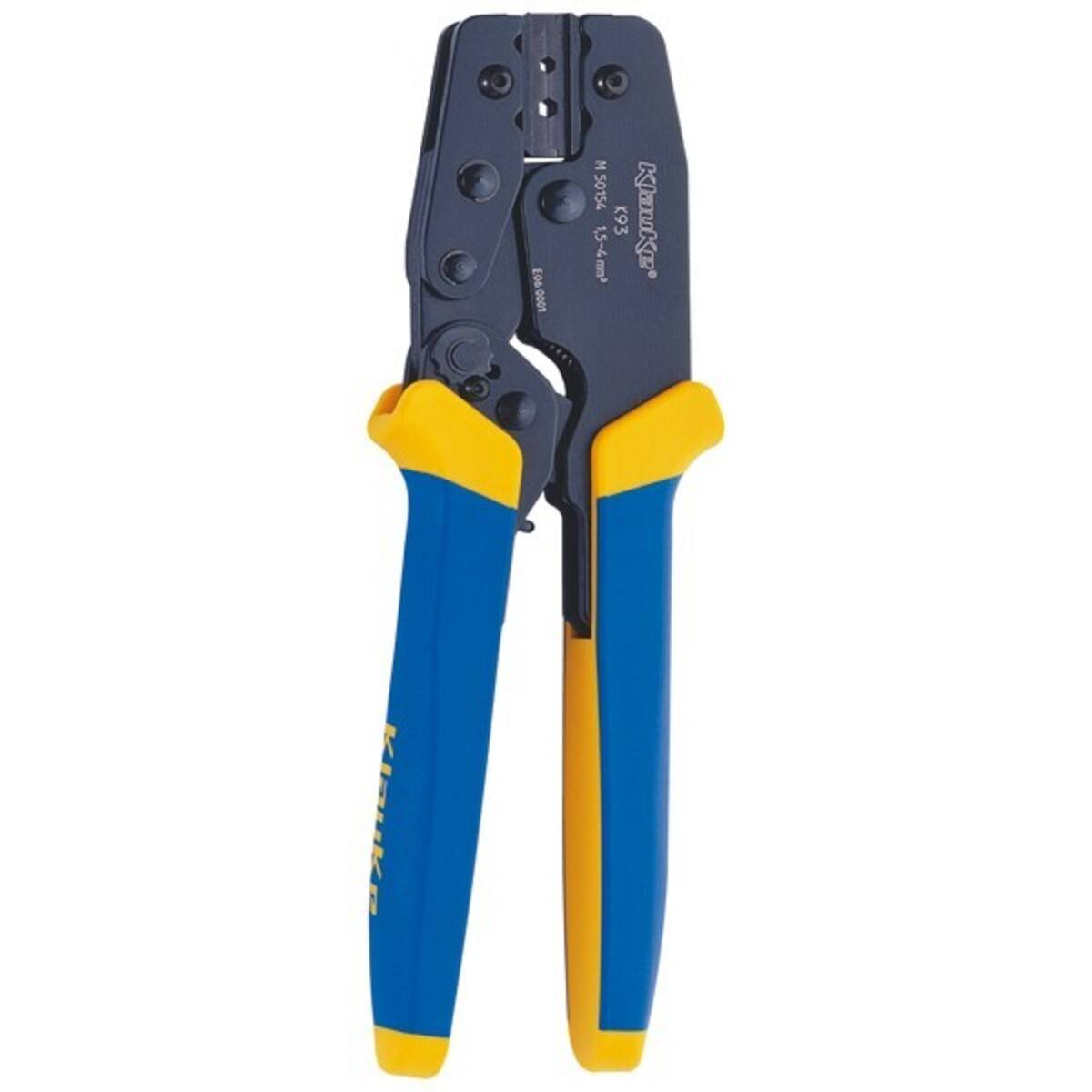 Blau- und gelbe Crimpzange mit schwarzen Metallbacken auf weißem Hintergrund.