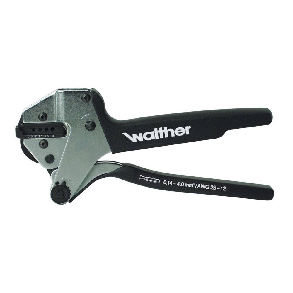 Crimpzange mit 'Walther'-Branding, schwarzen Griffen und einem silbermetallischen Kopf, ausgelegt für Drahtquerschnitte von 0,14-4,0 mm²/AWG 25-12.