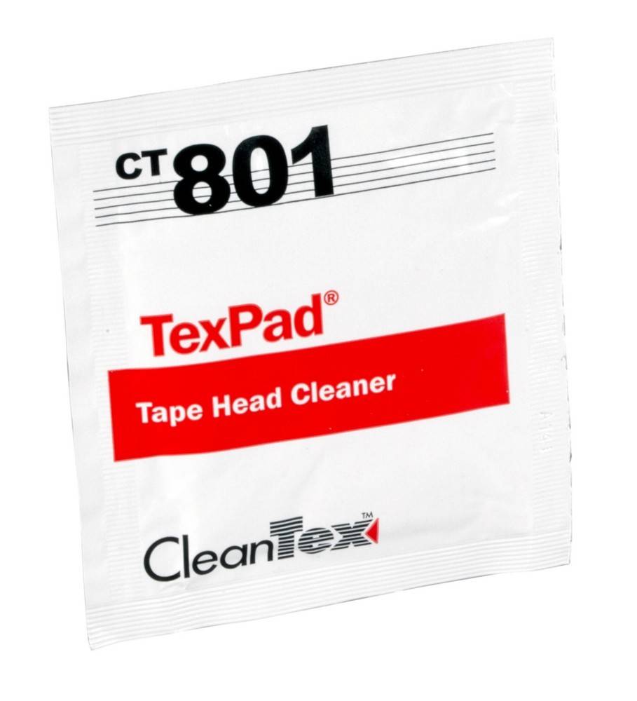 TexPad Kopfreiniger, CT801, von CleanTex. Weißer Beutel mit schwarzem und rotem Text, verwendet zur Wartung von Bandgeräten.