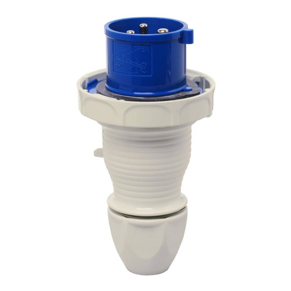 Ein blau-weißer industrieller elektrischer Stecker, konzipiert für eine sichere Verbindung von Werkzeugen oder Maschinen, mit einem Schutzgehäuse und sichtbaren Kontaktstiften.