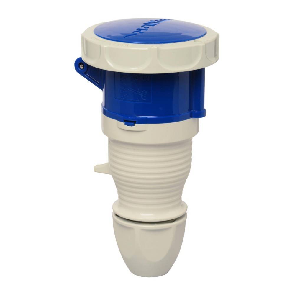 Elektrischer Steckverbinder mit blauem Deckel und weißem Gehäuse, verwendet für industrielle Stromverbindungen.