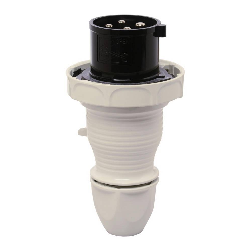 Ein weißer industrieller Elektrostecker mit gerippter Außenseite und schwarzem Kopf, konzipiert für robuste Verbindungen in industriellen Umgebungen.