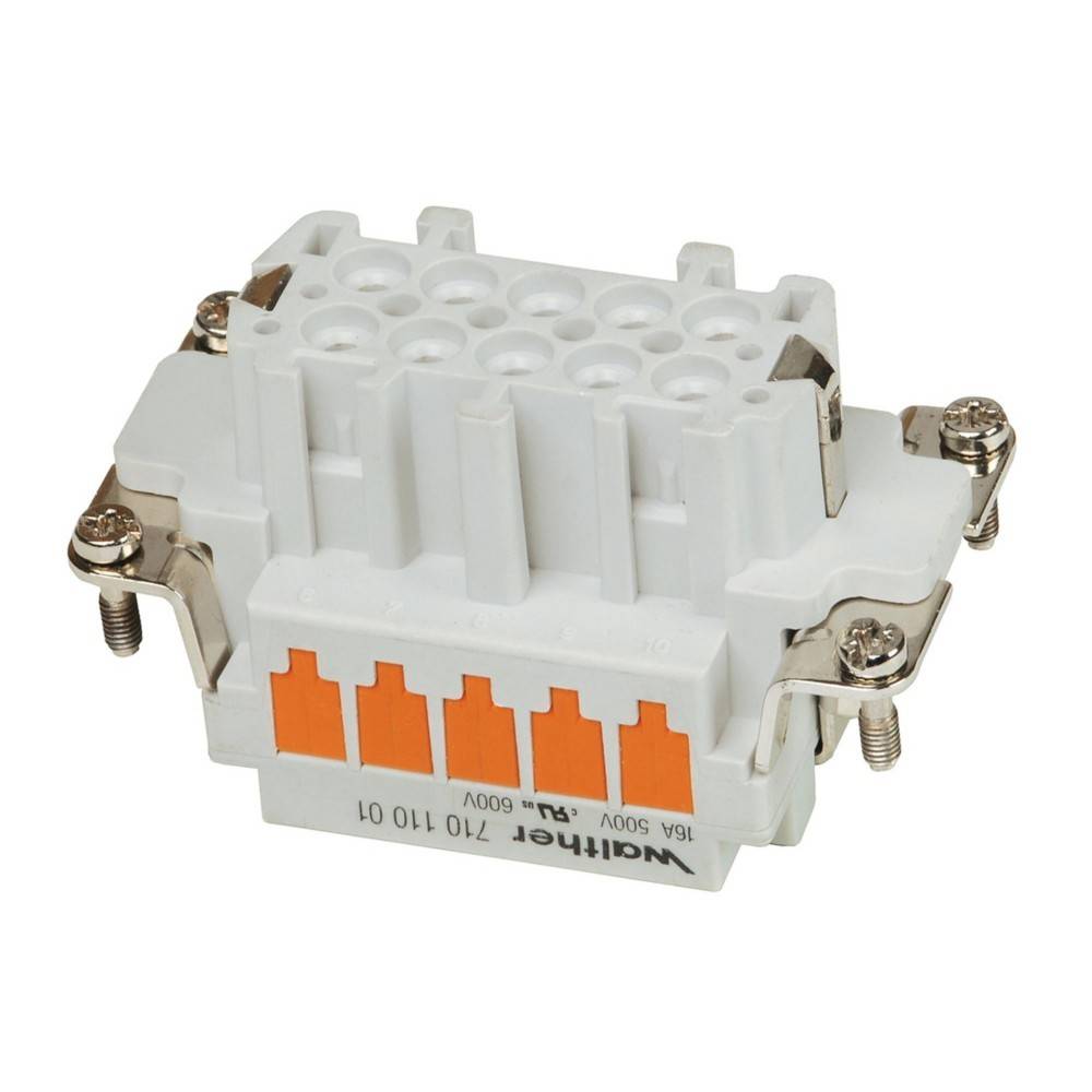 Eine Nahaufnahme eines grauen elektrischen Anschlussblocks mit orangefarbenen Einsätzen und Metallschrauben an den Seiten, versehen mit dem Schriftzug 'Wieland' und technischen Spezifikationen.