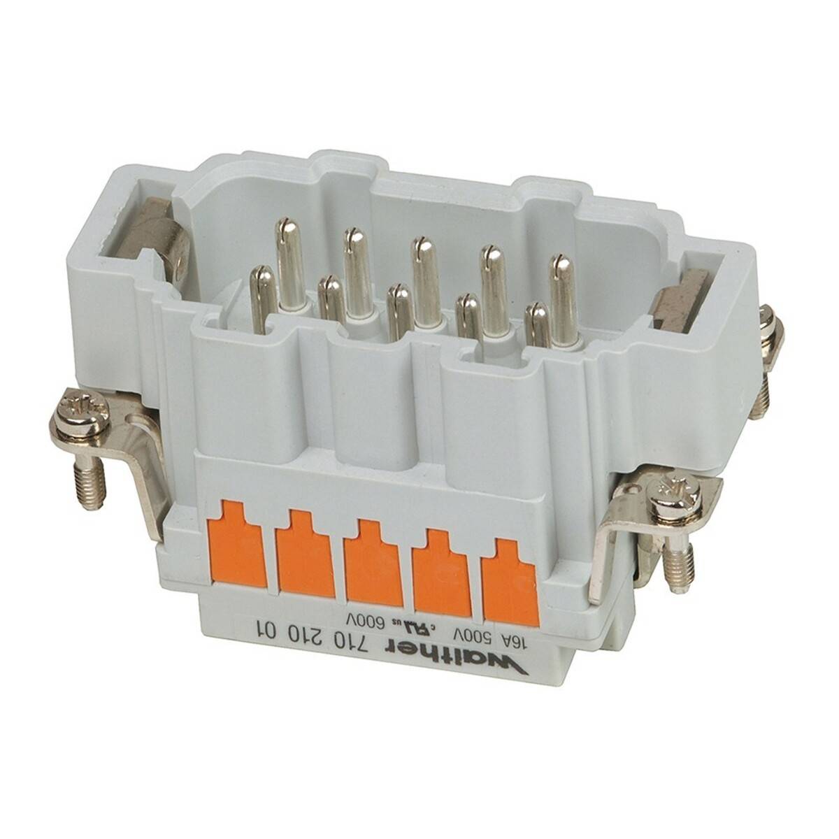 Ein mehrpoliger elektrischer Steckverbinder mit orange und grauen Komponenten, ausgestattet mit Metallstiften und Befestigungsschrauben für eine sichere Verbindung. Geeignet für industrielle Anwendungen.