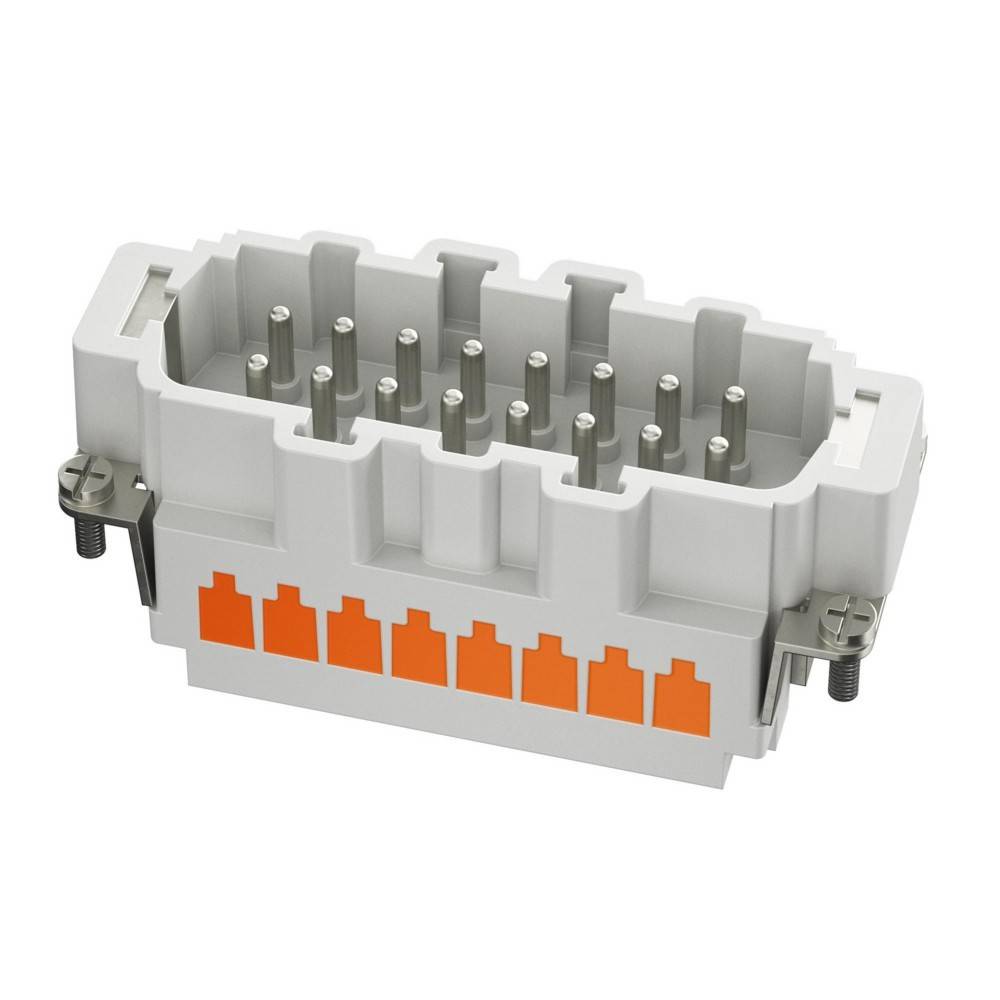 Ein rechteckiger elektrischer Stecker mit mehreren Metallstiften und einem orange hervorgehobenen Abschnitt, der für industrielle Anwendungen konzipiert ist.