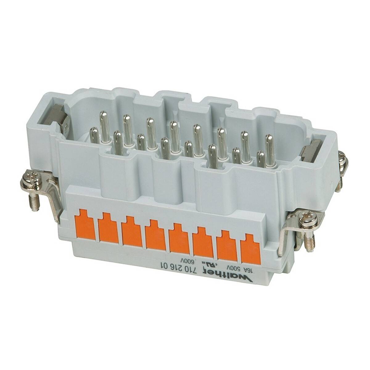 Ein rechteckiger elektrischer Verbinder mit mehreren Metallstiften und orangefarbener Kunststoffummantelung, der für sichere Kabelverbindungen konzipiert ist.