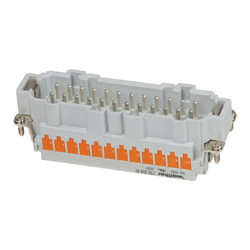 Ein grauer, rechteckiger Elektrostecker mit mehreren Metallstiften, der seitlich orange Markierungen aufweist und für den Einsatz unter schweren Belastungen konzipiert ist.