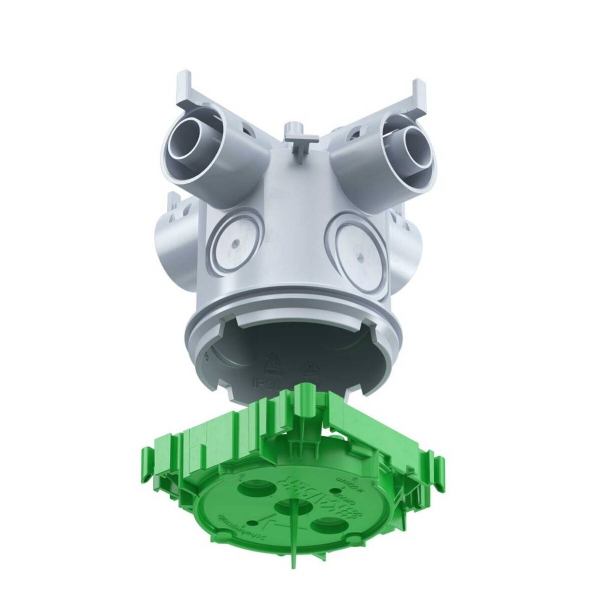 Explosionszeichnung einer Befestigungsbox-Baugruppe mit einem grauen Gehäuse, vier zylindrischen Anschlüssen und einer abnehmbaren grünen Basis.