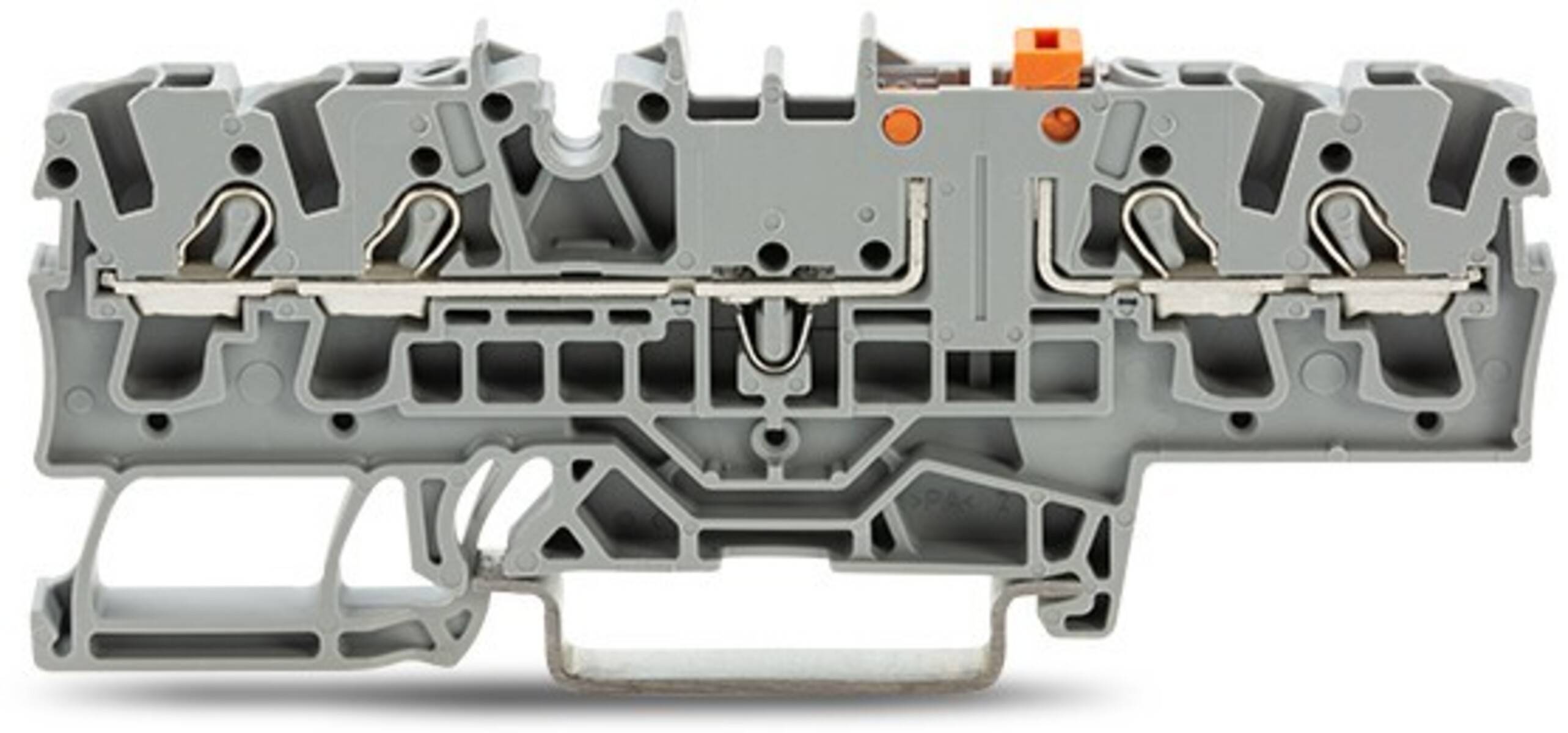 Eine Nahaufnahme eines Klemmenblocks mit grauem Kunststoffgehäuse, metallischen Anschlüssen und orangefarbenen Markierungen, der für elektrische Verdrahtung verwendet wird.