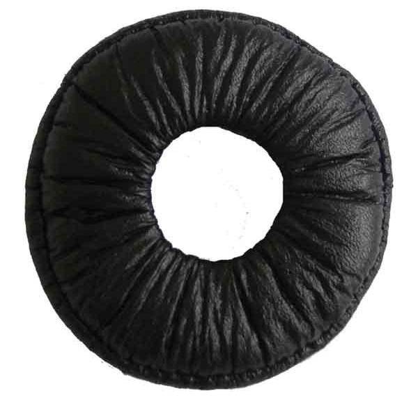 Schwarzes Leder-Kopfhörerkissen in kreisförmiger Gestalt mit weißem Zentrum, das seine gefaltete Textur und Nahtdetails zeigt.