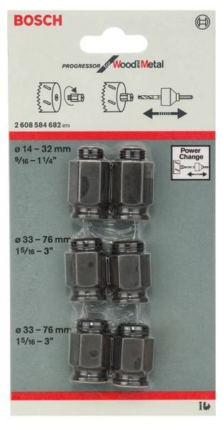 Das Bild zeigt einen Satz von sechs Metalladaptern mit ihren Größenbereichen: 'Ø 14–32 mm, 9/16–1 1/4 Zoll' und 'Ø 33–76 mm, 1 5/16–3 Zoll'.