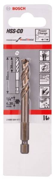 Ein Metallbohrer, entwickelt für verschiedene Materialien, einschließlich Metall, Aluminium und PVC. Er misst 80 mm in der Länge und 6,35 mm im Durchmesser.