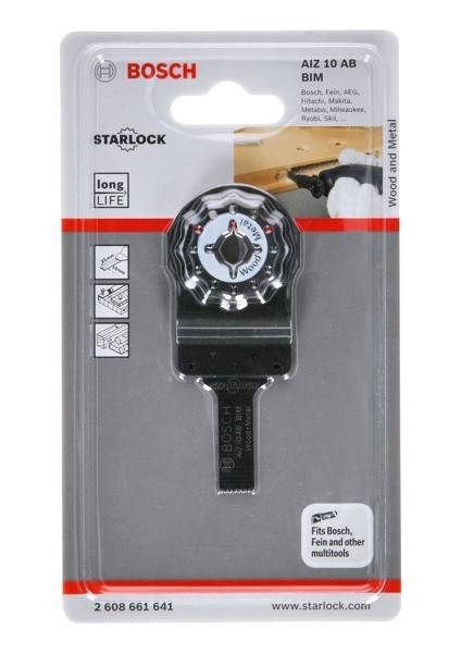 Starlock' Langlebiges Sägeblatt-Paket, beschriftet für Holz und Metall. 'Passend für Bosch, Fein und andere Multitool-Geräte.' Abbildungen zeigen Anwendungsbeispiele.