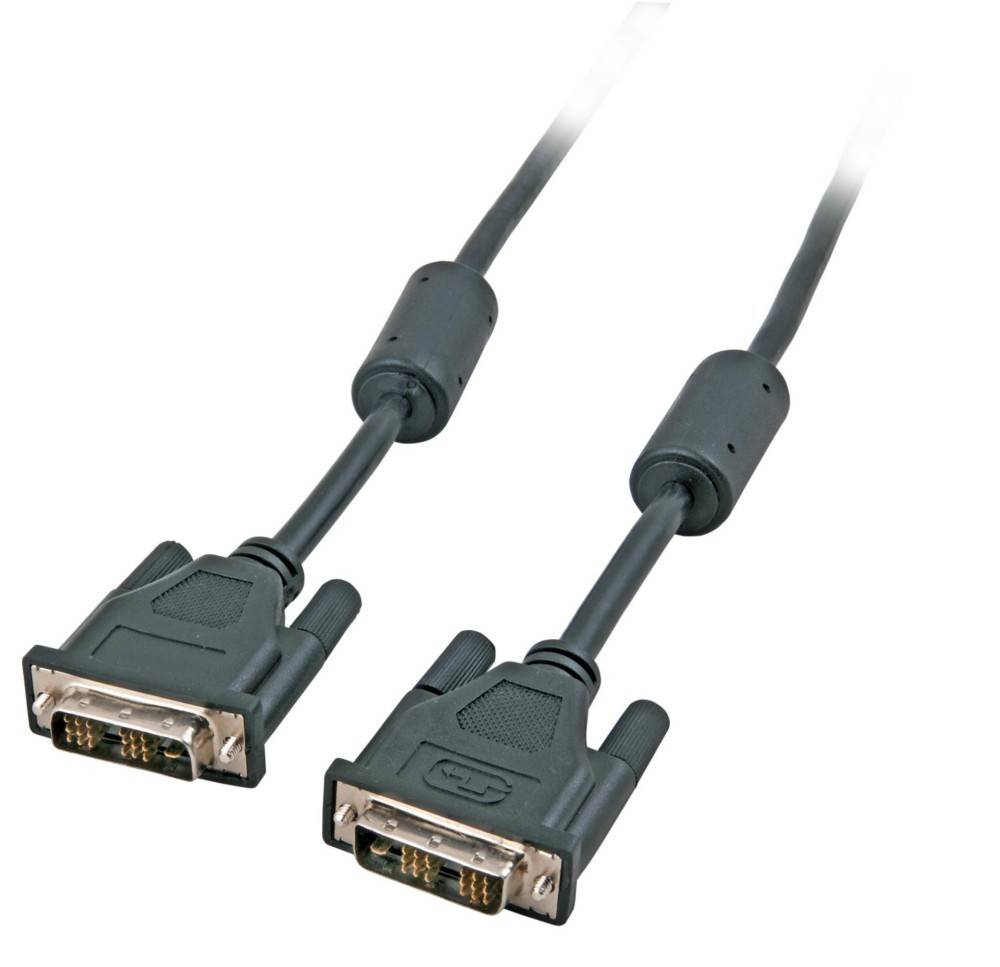 Zwei schwarze DVI-Kabel mit silbernen Anschlüssen und goldenen Kontakten, parallel liegend, verwendet zum Anschluss von Displaygeräten an Computer.