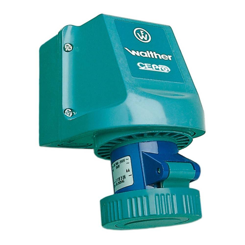 Ein türkisfarbener Walther-Elektroverbinder mit angehängtem Etikett, der eine robuste Konstruktion für industrielle Anwendungen aufweist.