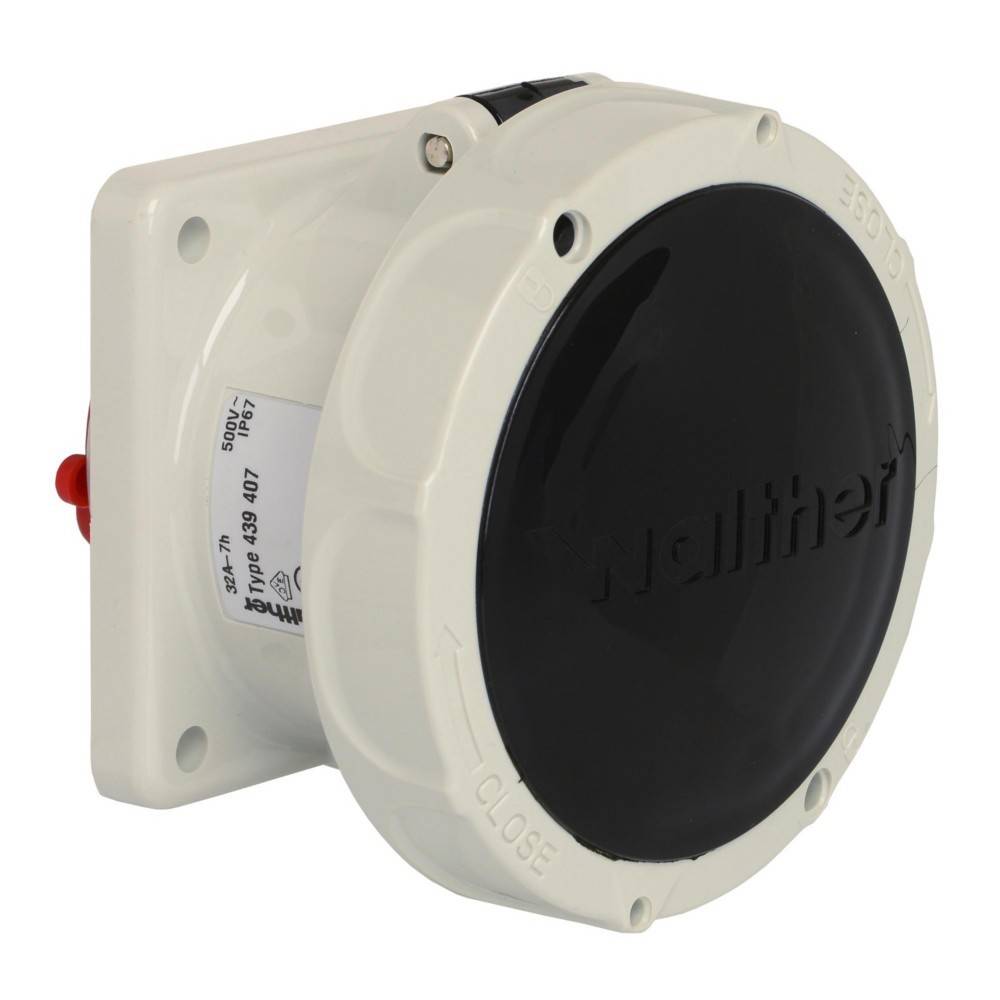 Wallner' Rundstecker-Industrieabdeckung, weiße Gehäuse, schwarzer Deckel, roter Sicherheitsverschluss. Verwendet zum Sichern und Schützen von Verbindungen.